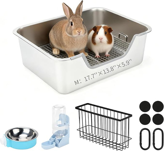 YUEPET 4-in-1 Large Rabbit Litter Box, Non-Slip Stainless Steel Litter Boxes with Sifting Grid & Hay Feeder Food Bowl, Easy Cleaning Bunny Litter Box with Odor Control for Rabbits Small Pets（M）