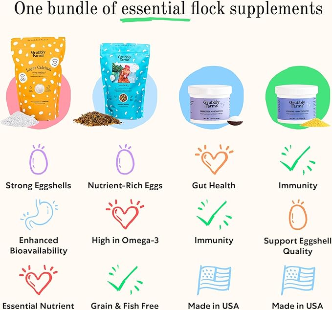 Grubbly Farms Supplements Bundle - Layer Calcium, Probiotics+Prebiotics, Vitamins+Electrolytes & Omega Mix - Complete Nutrition Support, Strong Eggshells & Digestive Wellness for Laying Hens