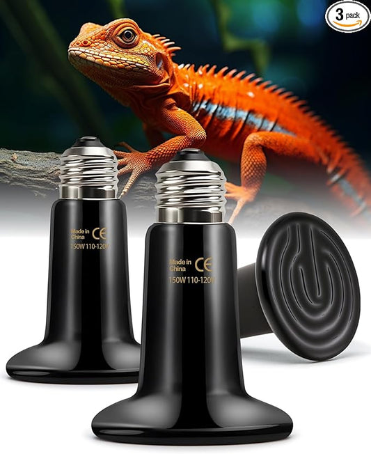 Ruiandsion 150W Ceramic Heat Emitter Bulb 3-Pack – Long-Lasting Nighttime Heating for Reptiles & Poultry, Shatter-Resistant Design for Large Terrariums/Coops