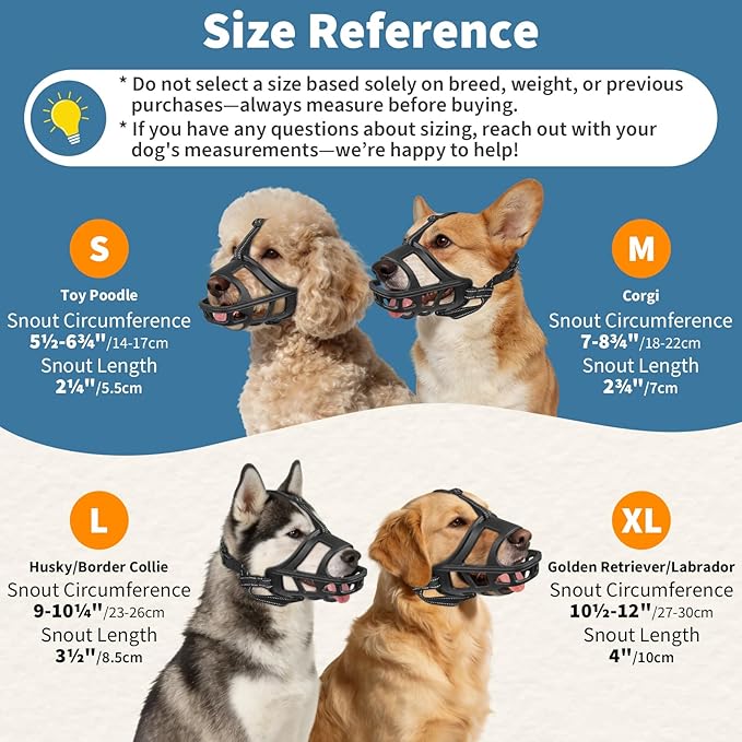 BARKLESS Dog Basket Muzzle for Medium & Large Dogs, Humane Cage Muzzle Prevent Biting Scavenging, Breathable Open Front Mouth Cover with Reflective Strap for Training, Walking Vet Visits (Black, XL)