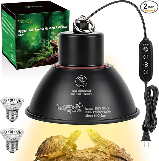 Reptile Heat Lamp Reptile Light Fixture 2Inch Shallow Dome with Dimmer and Cycle Timer, Max 100W, 2 Pack Heat Lamps UVB Bulb UVA Basking Light for Bearded Dragon Turtle Chicken Lizard Snake Gecko Tank