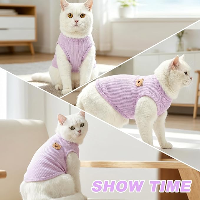 Waffle Knit Cat & Dog T Shirt for Small Dogs, Stretchable Puppy Shirt for Sphynx Cats & Small Breeds, Pet Clothes | Breathable Summer/Winter Apparel for Newborn(Purple&Blue&Green Small)
