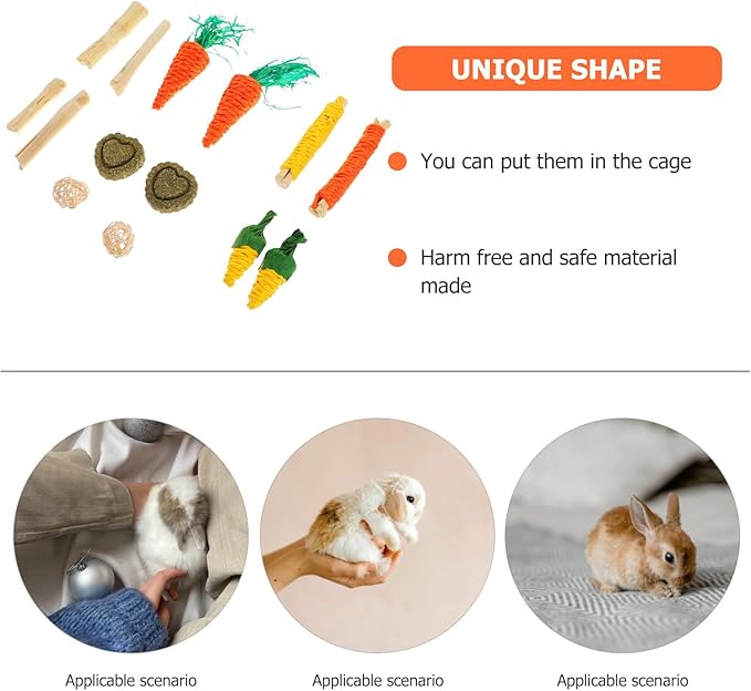 ORFOFE Small Animal Chew Set for Teeth Cleaning, 12pcs Mixed Wooden and Grass Balls Bundle for Rabbits, Hamsters, and Guinea Pigs Oral Care and Biting Play Color Style