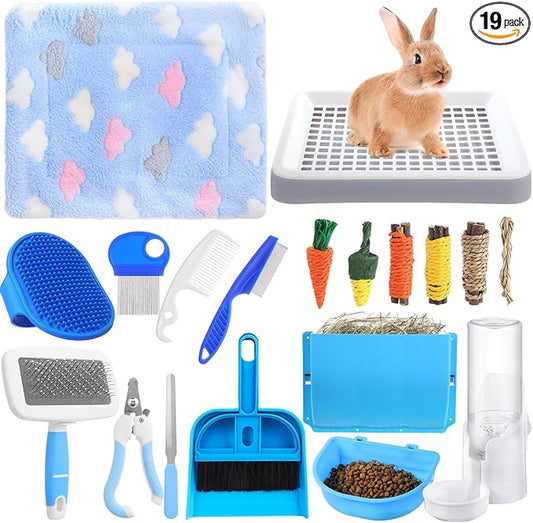 19 Pcs Rabbit Starter Kit Small Bunny Litter Box Animal Grooming Kit Water Bottle Bunny Toys Hay Feeder Bowl Blankets with Cleaning Set for Guinea Pig Rabbit Accessories