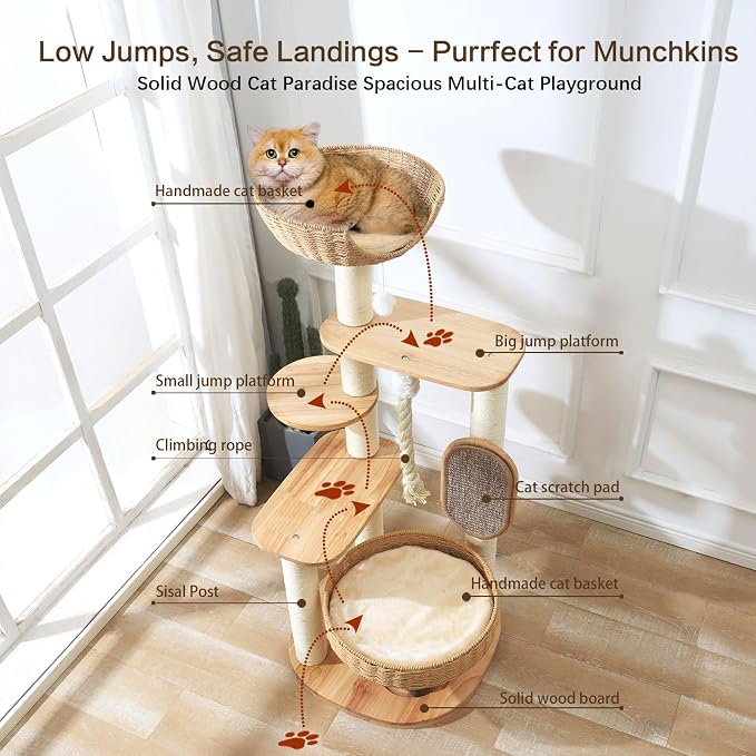 Wooden Cat Tree for Large Cat, 49.6IN Tall Cat Tower with Scratching Post for Indoor Cats, Multi-Level Cat Condo with Hand-Woven Cat Bed and Scratching Board Easy to Clean