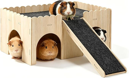 Large Guinea Pig Castle, Sturdy Wooden Guinea Pig Hideout, Upgraded Wooden Guineas Pigs Castle with Anti-Slip Stairs, Easy to Assemble for Small Animal House Habitat or Hamster Hideout