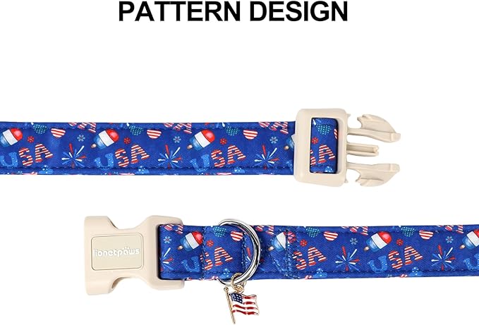 Lionet Paws 4th of July Dog Collar- Cute Summer Blue Dog Collars with Plastic Buckle and Flag Pendant, Light Adjustable Dog Collars for Small Dogs