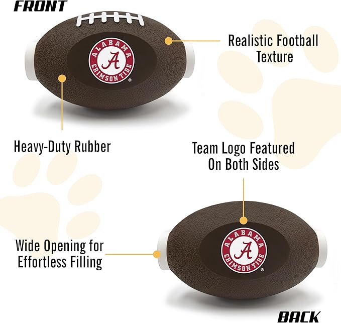 NCAA Alabama Crimson Tide Football Treat Dispensing Toy for Dogs and Cats, Rubber Ball Pet Toy, Interactive Fun Doggie Treat Toy, Natural Rubber Feeding Toy