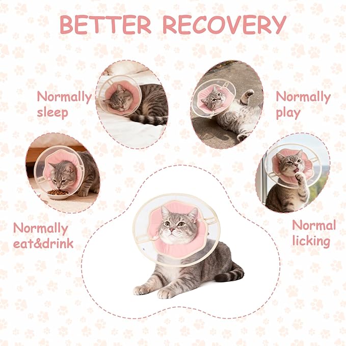 Soft Adjustable Cat Recovery Collar, Lightweight Waterproof Elizabethan Cone for Cats – Comfortable Protective Collar to Prevent Licking After Surgery, Grooming & Skin Care (Pink, M)