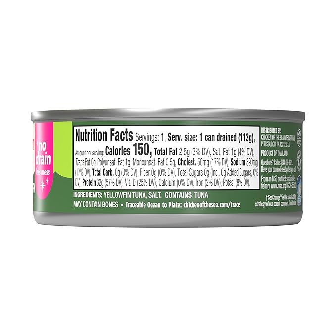 Chicken of the Sea Solid Yellowfin Pure Tuna, 4 oz. Cans (Pack of 24), Wild Caught Canned Tuna, No Drain