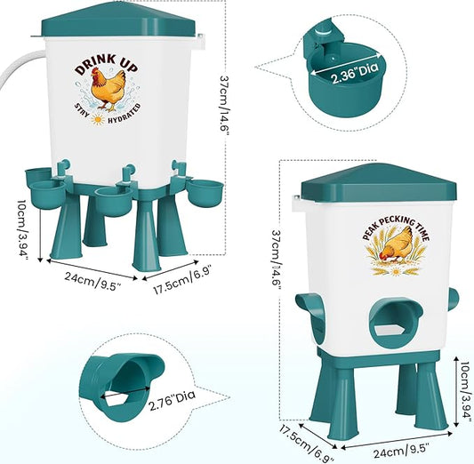 3 Gallon Chicken Feeder and Waterer Set, Large Chick Water with Automatic Float Valve, No Waste Poultry Feeding and Watering System, 4 Cups & 3 Ports, Chicken Coop Accessories for Pigeons/Quail (Blue)