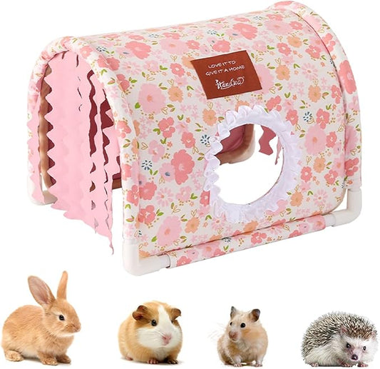 Guinea Pig Hideout Rabbit Hideout No Bottom Guinea Pig Bed Easy to Clean & Breathable Bunny Beds - Small Animal Indoor Habitat for Rabbit Ferret Hedgehog Flower-Branch Mouse (Pink Flower)