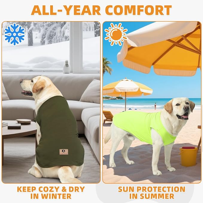 KOOLTAIL Large Dog Clothes for Boy Girl, 2 Pack Cotton Summer Dog T Shirts UV & Insect Protection for Outdoor Camping, Anti-Hair Loss & Breathable Sleeveless Pet Vest Tank Tops Apparel, Green, L