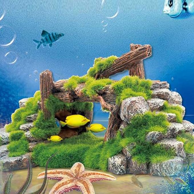 S-Lifeeling Fish Tank Decoration Moss Rockery Stone Plants Wood Ruins Landscaping Turtle Tank Decoration Fish Shrimp Shelter