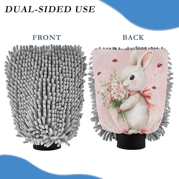 Emelivor Rabbit Flower Ladybugs Car Wash Mitt Microfiber Cleaning Gloves Scrub Mitts Brush Scratch Free for Car Cleaning Supplies 2-Pack