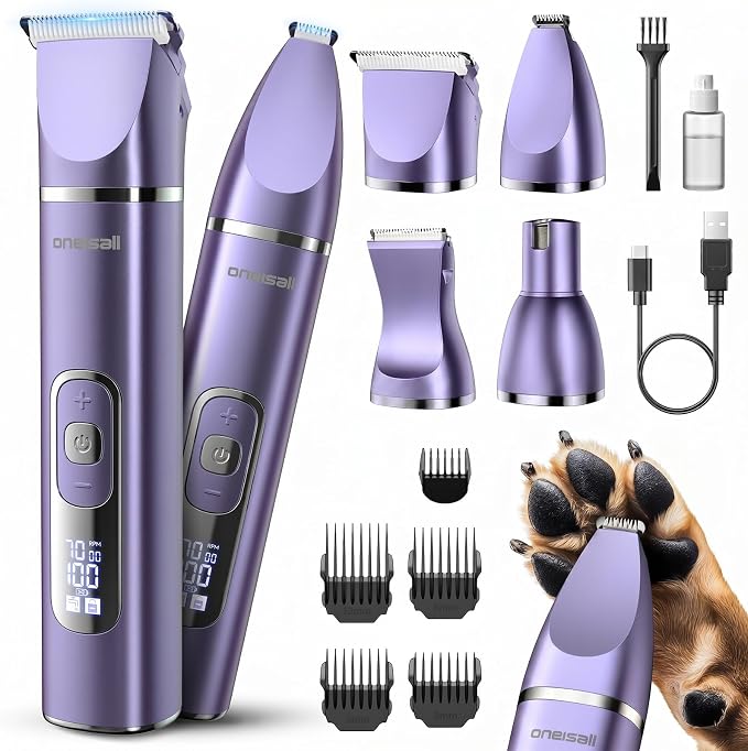 oneisall 4 in 1 Dog Grooming Kit with LCD Display, Dog Hair Trimmer for Paw Nail Grinder, Rechargeable Cordless Low Noise IPX7 Waterproof Pet Clippers Purple
