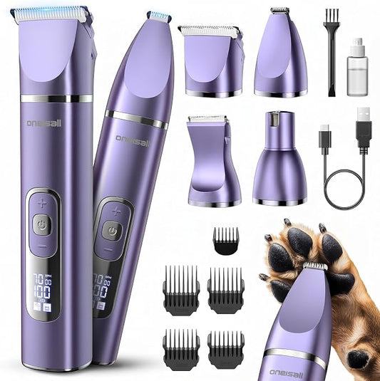 oneisall 4 in 1 Dog Grooming Kit with LCD Display, Dog Hair Trimmer for Paw Nail Grinder, Rechargeable Cordless Low Noise IPX7 Waterproof Pet Clippers Purple