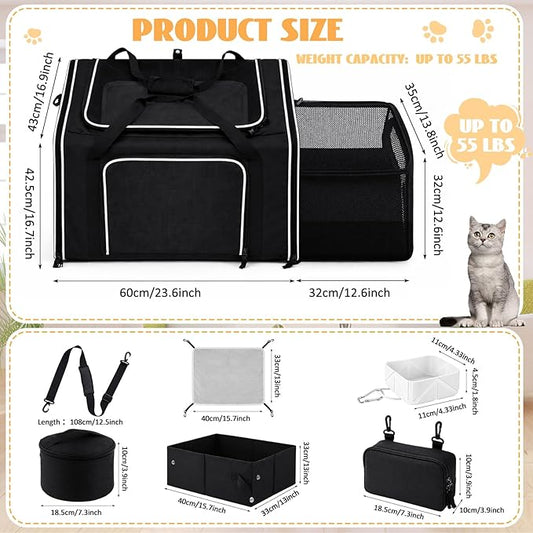 Extra Large Cat Carrier with Built-in Litter Box for Car Travel & Road Trips, Expands to 36"x17"x17", Soft-sided Foldable Travel Crate for 1-2 Large Cats, Multi-entry, Ventilated Mesh, Seat Belt Ready