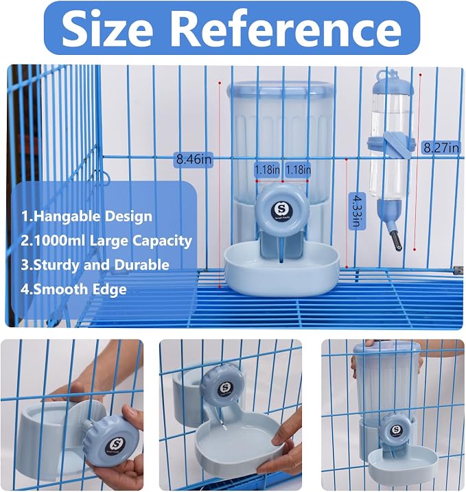 Sangle Sopffy Rabbit Feeder and Water Dispenser Set, Gravity Food Bowl with Water Bottle for Cage, Small Animal Feeding Station for Bunny, Guinea Pig, Chinchilla, Ferret, Hedgehog, Blue 2-Piece Set