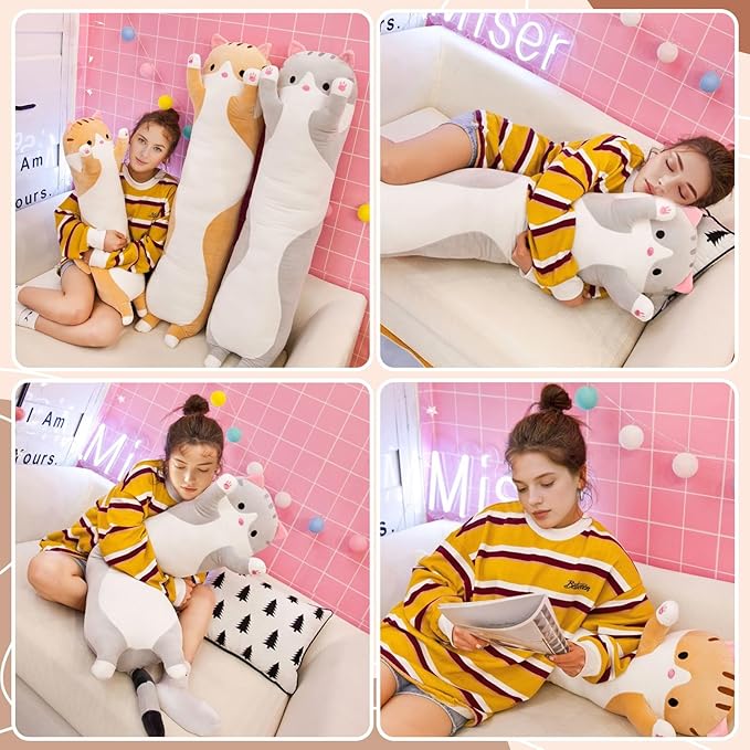 Cute Cat Plush Long Body Pillow – Soft Cartoon Stuffed Animal Doll, Kawaii Cat Plushie Cuddle Toy Gift for Kids, Girls & Girlfriend (Pink, 19.7 Inch)