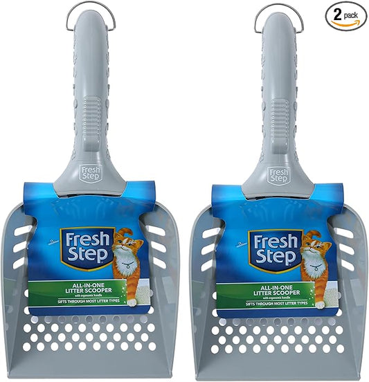 Fresh Step All in One Cat Litter Scoop, Deep Shovel with Ergonomic Non-Slip Handle, Wrist-Tilt Sifting Control, Easy-Clean Litter Scooper for Clumping and Pellet Litters - 2 Pack