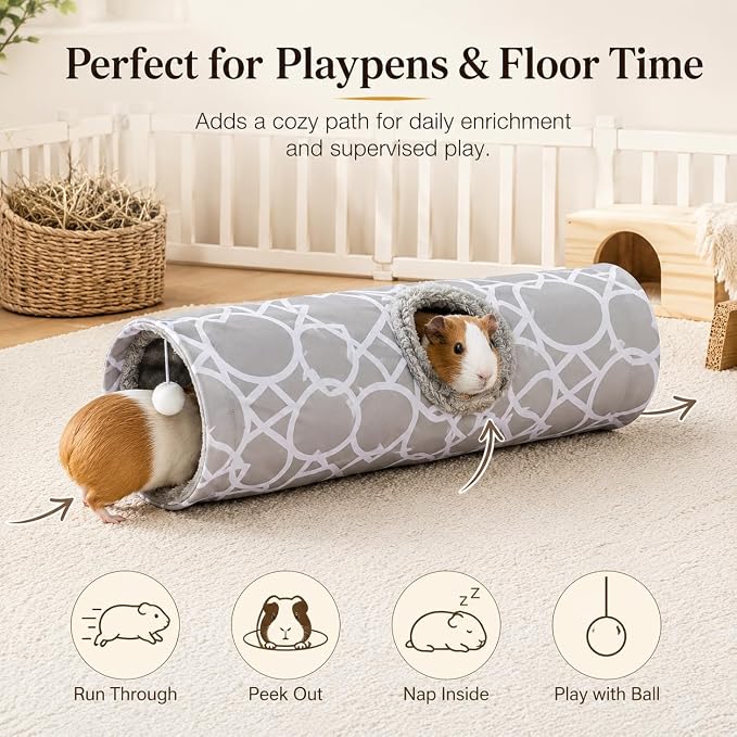 Plush Inside Stright Shape Small Animals Tube Tunnel with Interactive Ball for Guinea Pig, Hamster, Chinchilla, Hedgehog Hiding and Resting, Geometric Grey