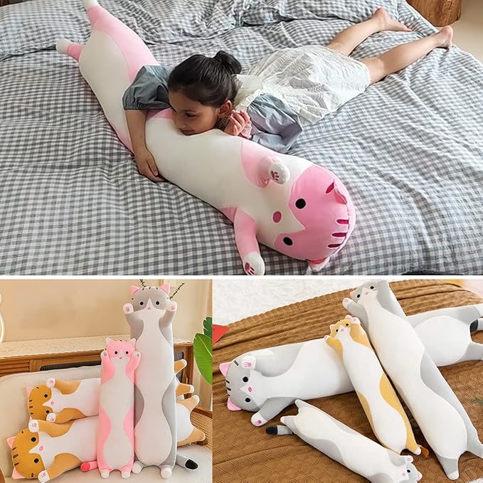 Giant Cat Pillow Plush Cartoon Kitty Sleeping Hugging Pillow, Cuddly Soft Long Kitten Body Pillow Doll Cat Cushion Toy for Kids Girlfriend (Gray, 150cm/59inch)