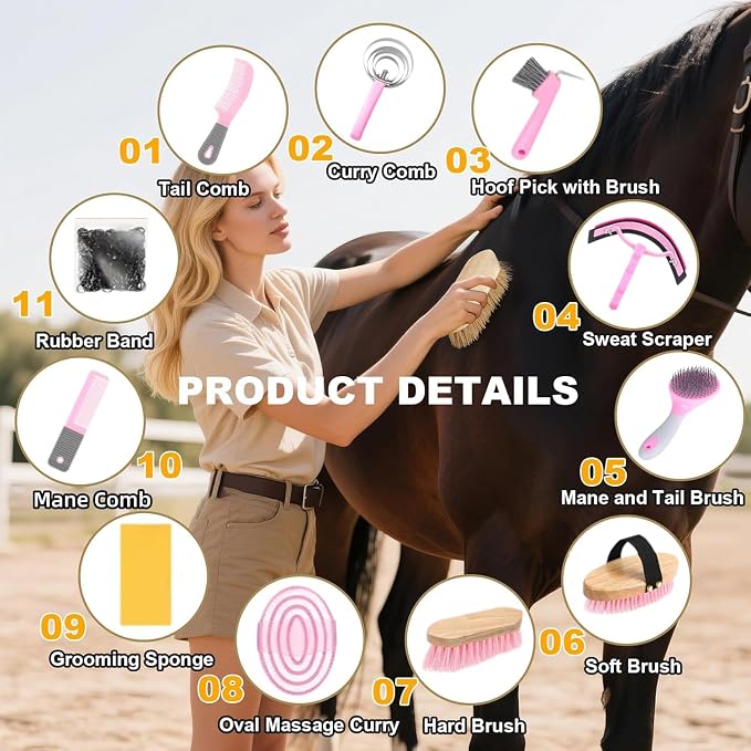 Horse Grooming Kit 12PCS, Horse Brushes for Grooming Supplies with Tote Bag, Horses Tack Brush Set for Effective Grooming and Cleaning, Gift for Horse Riders Beginners