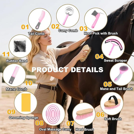 Horse Grooming Kit 12PCS, Horse Brushes for Grooming Supplies with Tote Bag, Horses Tack Brush Set for Effective Grooming and Cleaning, Gift for Horse Riders Beginners