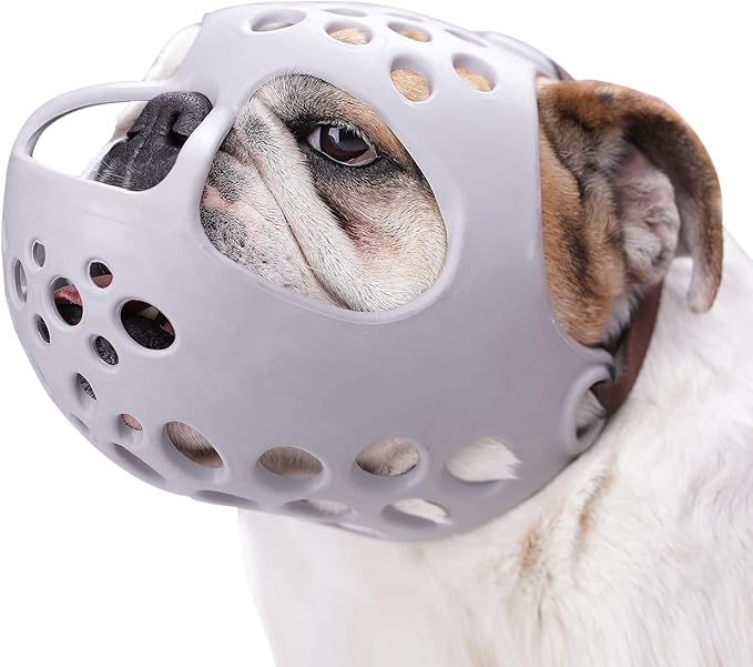 BARKLESS Dog Muzzle for Short Snout, Soft English Bulldog Muzzle for Biting, Chewing, Licking, Flat-Faced Bulldog Mouth Guard for Aggressive Dogs Grooming Walking, Allows Drinking