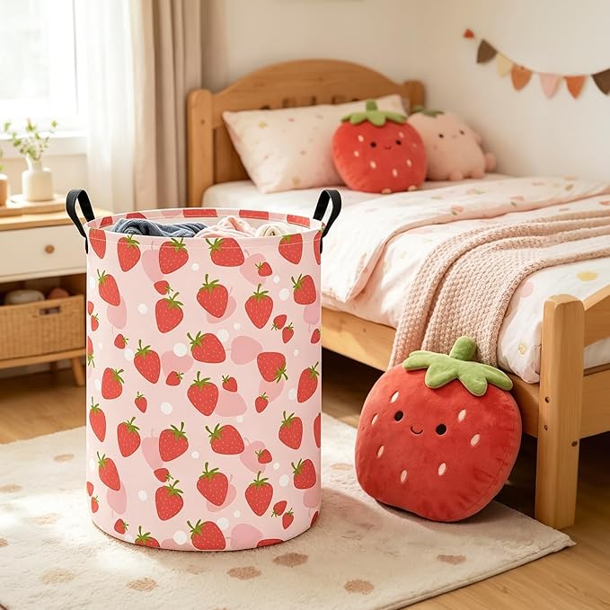 Collapsible Fabric Storage Basket, Waterproof Laundry Hamper with Handles, Round Storage Bin for Clothes Toys, Foldable Organizer for Bedroom Nursery Bathroom(Round-Pink Strawberry)
