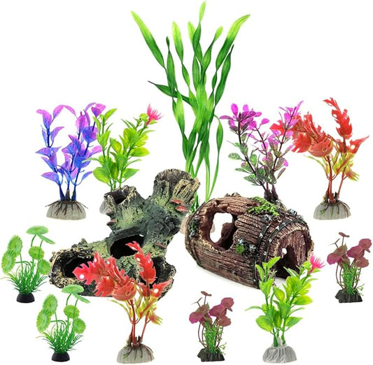 Aquarium Decorations Set, Fish Tank Decor with Artificial Plants and Resin Ornaments, Betta Fish Tank Accessories for Small Tanks, Soft Safe Plastic Plants with Hideout Cave Décor(Ornaments set #2)