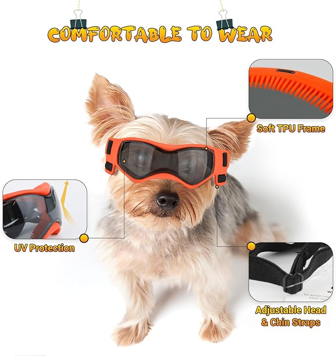 Dog Goggles Small Breed, XS Dog Sunglasses Chihuahua Glasses Anti-UV Eyes Protection for XSmall Pets Tiny Dogs Cats, Orange XS