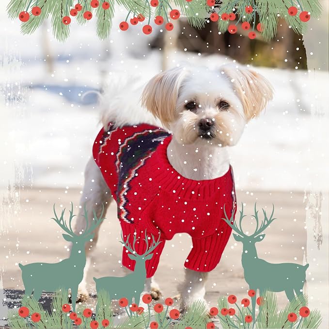 Queenmore Christmas Dog Sweater - Knitted Pullover Turtleneck Outfit, Warm Clothes for Small Dogs Boys or Girls L