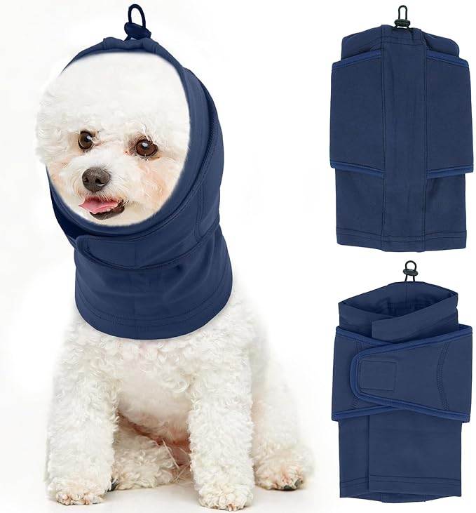 IDOMIK Dog Ear Muffs Noise Protection, Dog Calming Hoodie for Anxiety Relief, Soft Double-Layer No Shake Head Wraps, Quiet Ear Covers for Thunderstorm, Firework, Bath, Grooming & Blow Drying,Blue,M
