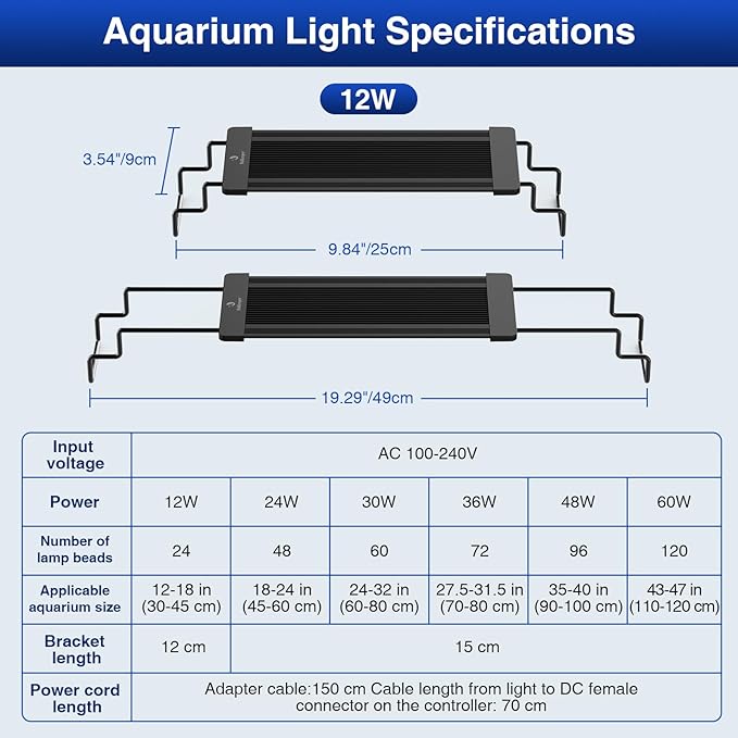 fishkeeper Aquarium Light,LED Fish Tank Lights with Auto Time Sync & 24/7, IP68 Waterproof Extendable Bracket DIY Full Sprctrum Aquarium Plant Lights with Timer/Dimming, Memory Function for 12-18 inch