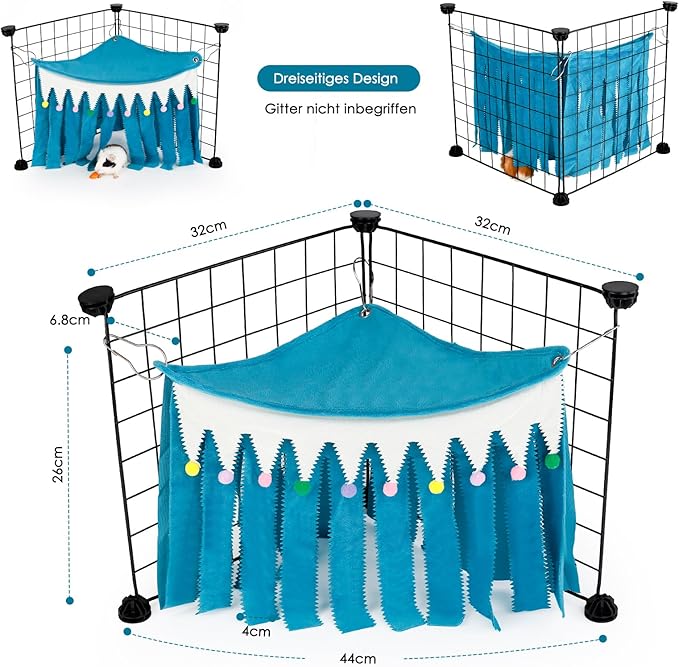 Guinea Pig Hideout - Guinea Pig Corner Hideout, Three-Sided Fringes, Triangle Top and Washable Hides, Suitable Hides for Rabbit and Other Small Pets, No Metal Fences, Blue