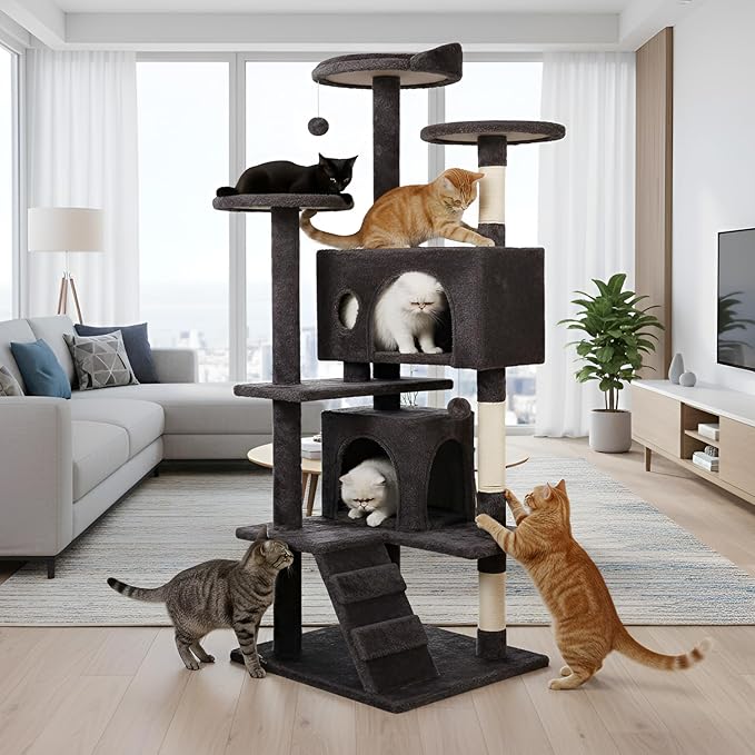 PayLessHere Cat Tree 54in Cat Tower with Cat Scratching Post,Multi-Level Cat Condo Stand House Furniture Kitty Activity Center with Furry Ball Toys Cat Tree for Indoor Cats,Purple