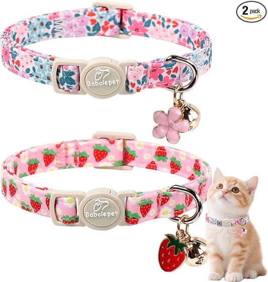 2 Pack Cotton Cat Collars - Cute Breakaway Cat Collar with Bell, Strawberry and Flower Pendant, Spring Summer Adjustable Kitten Collars for Girl Cats, Sweet Floral Fruit
