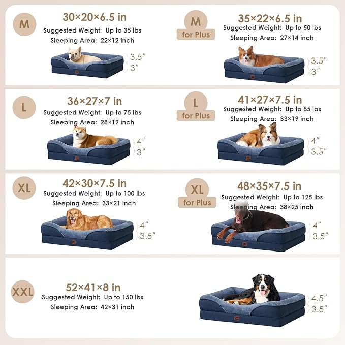 EHEYCIGA Orthopedic Dog Bed for Large Sized Dog, 41x27 Inch Large Memory Foam Dog Couch Bed with Sides, Waterproof Liner & Washable Removable Cover, Bolster Pet Sofa, Navy