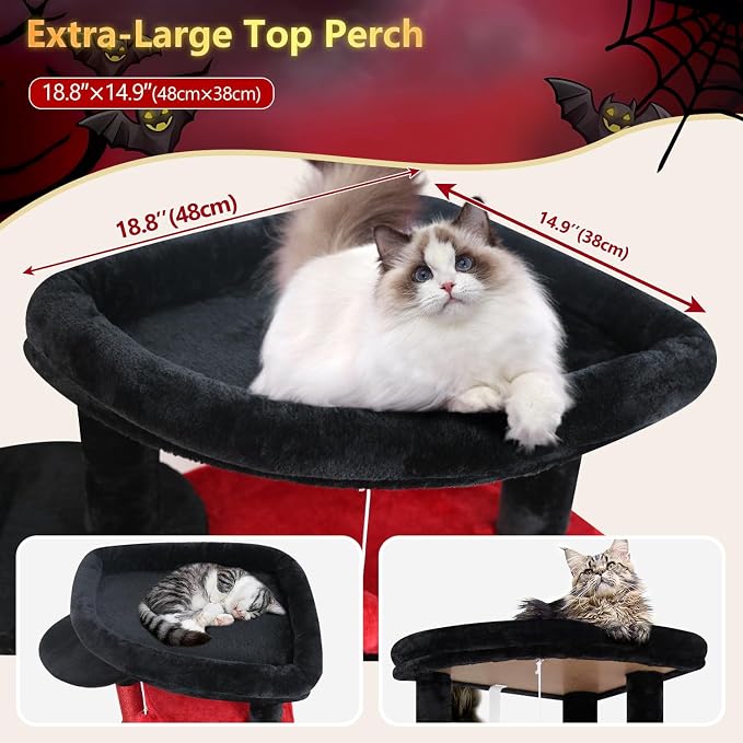 Globlazer Gothic Corner Cat Tree Tower for Large Cat, 66inch Tall Large Goth Cat Tree for Multiple Indoor Cats with 6 Scratching Posts, 2 Spacious Condos, Soft Hammock, Hanging Basket, C66, Red Black