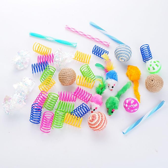 Cat Toys 38 Pack, Cat Toys for Indoor Cats, Interactive Cat Toys Variety Pack with Colorful Springs, Mouse Toys, Sisal Balls, Crinkle Balls and Bell Balls for Kittens and Adult Cats
