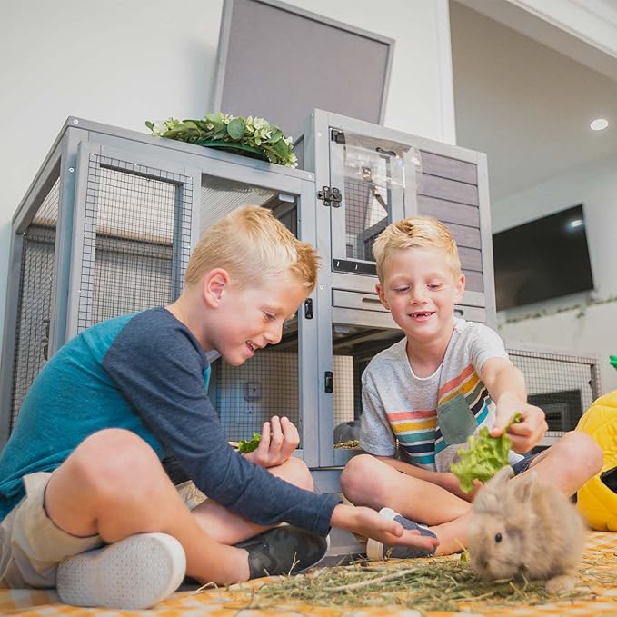 Aivituvin Rabbit Hutch Large Wooden Bunny House Guinea Pig Cages on Wheels, Two Trays, Indoor Outdoor