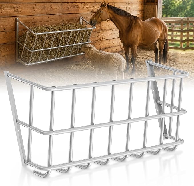 25 Gallon Wall Mount Hay Feeder, Metal Hay Rack for Goats and Horses | Galvanized steel, livestock feeding rack, barn stall feed holder, space-saving, rounded edges, easy install