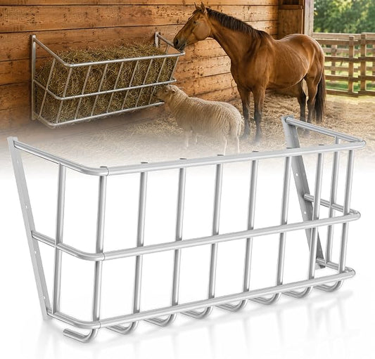 25 Gallon Wall Mount Hay Feeder, Metal Hay Rack for Goats and Horses | Galvanized steel, livestock feeding rack, barn stall feed holder, space-saving, rounded edges, easy install