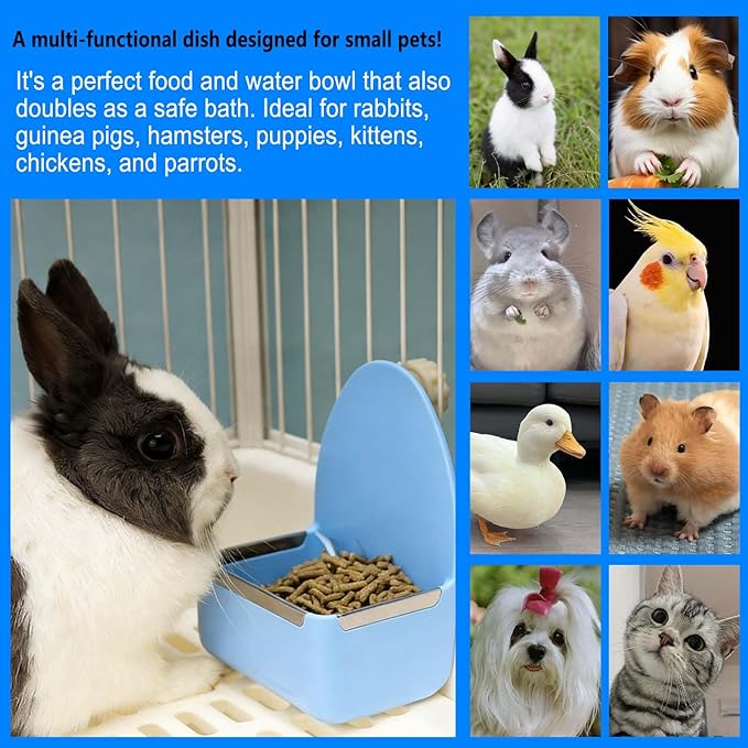 kathson Food and Water Bowl Cage Feeder for Rabbits Dish Feeder Removable Hanging Spill Proof Anti Bite for Rabbit, Guinea Pig, Chinchilla, Hamster, Ferret (Blue)