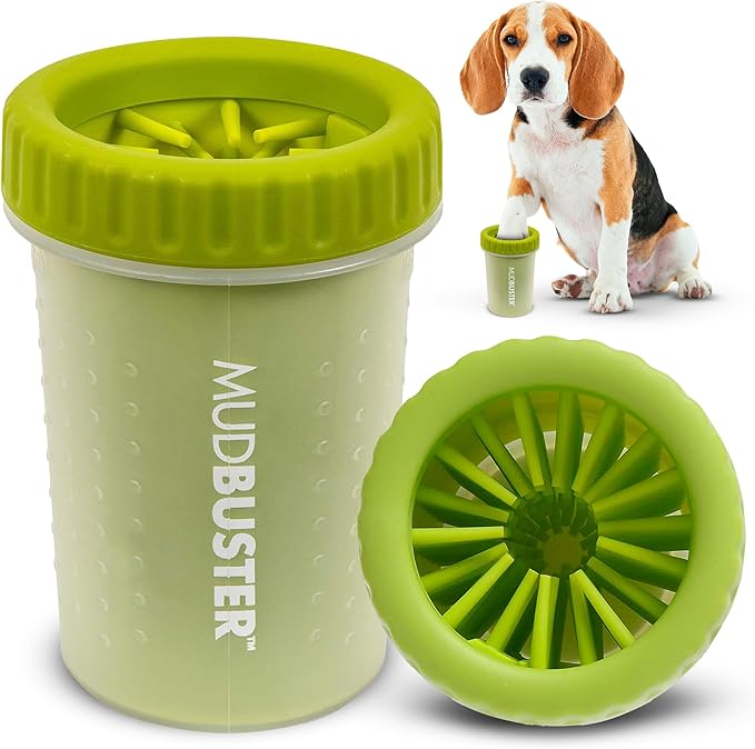 Dexas MudBuster Medium Dog Paw Cleaner in Green - Fits 1.5"-2.5" Wide Paws, Portable Paw Washer for Muddy Paws, Dog Paw Cleaning Cup with Gentle Silicone Bristles, Quick Clean Pet Paw Washer