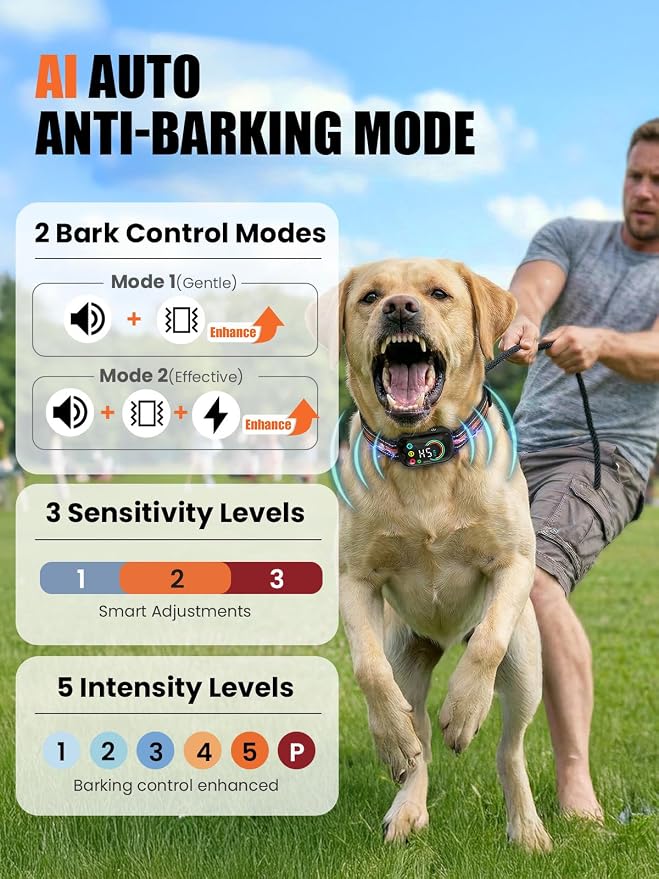 2-in-1 Dog Bark & Shock Collar, Dog Training Collar with 4 Training Modes Beep/Vibration/Shock/no Shock, 3300FT Remote, IPX7 Waterproof E Collars with AI Anti Barking for Small Medium Large Dog