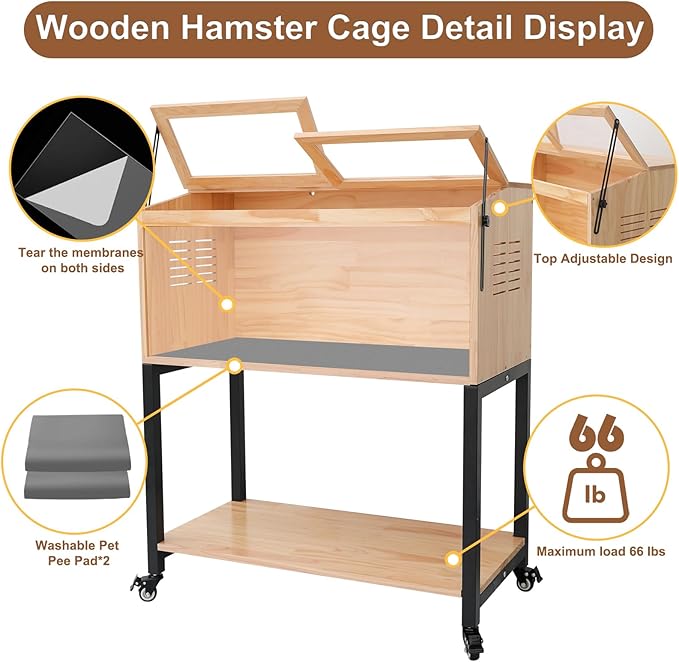 Wooden Hamster Cage with Storage Shelf, Large Hamster Cage, Pine, Guinea Pig Cages, 40.0" L x 20.0" W x 42.0" H Small Animal Cages with Stand & Wheels for Guinea Pig, Chinchilla, Rat, Bunny, etc.