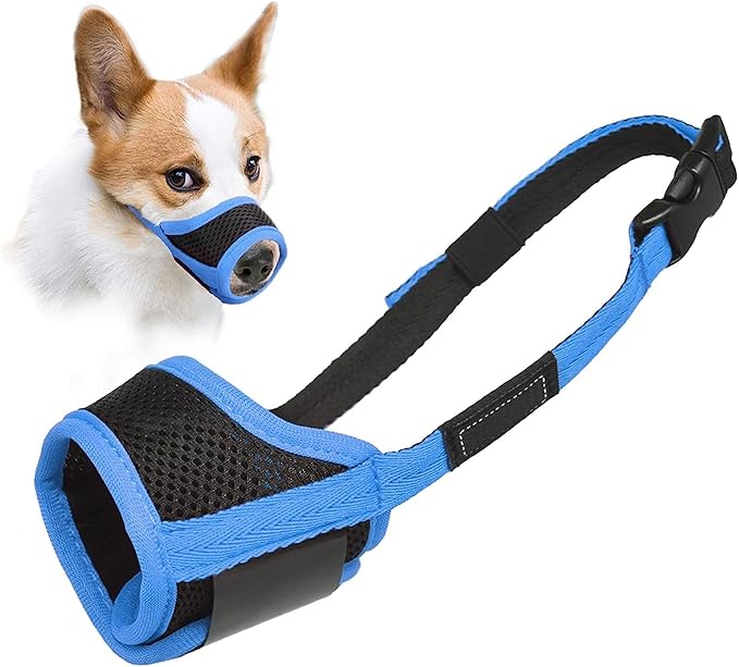LUCKYPAW Dog Muzzle Anti Biting Barking and Chewing with Comfortable Mesh Soft Fabric and Adjustable Strap, Suitable for Small, Medium and Large Dogs(Blue Trim,M)